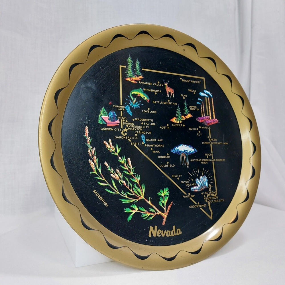Vintage Nevada Metal Tin Souvenir Tray Sagebrush State Flower Colorful